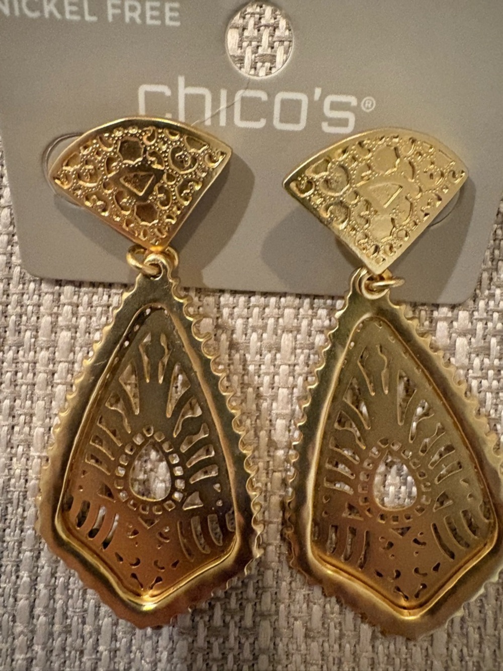 Chico's Gold Decorative Teardrop Filigree Earrings